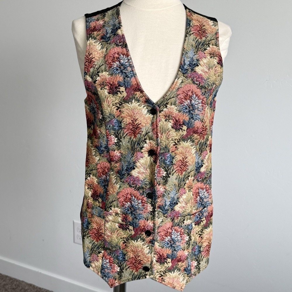 VTG Tapestry Waistcoat Floral Button Front Country Poet‎ Artsy Whimsi Romantic